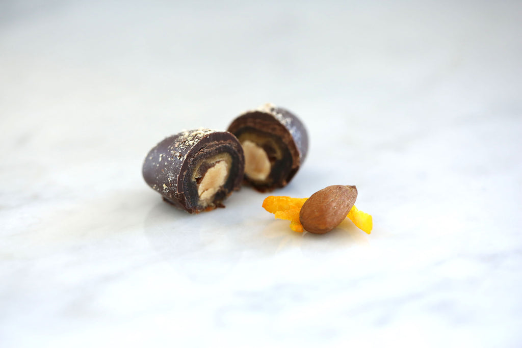 Chocolate Dipped Dates with Almond and Orange Peel